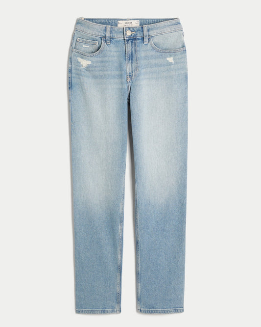 Jeans de tiro alto rectos con lavado claro desgastado