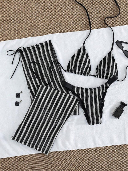 Conjunto de 3 piezas de bikini a rayas